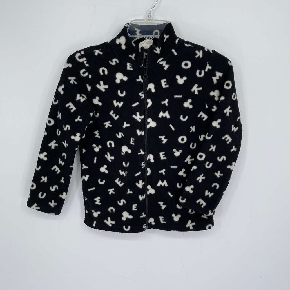 Disney Unisex Kids Black Mickey Mouse Letters Fleece Zip‎ Up Jacket Size 130 7-8